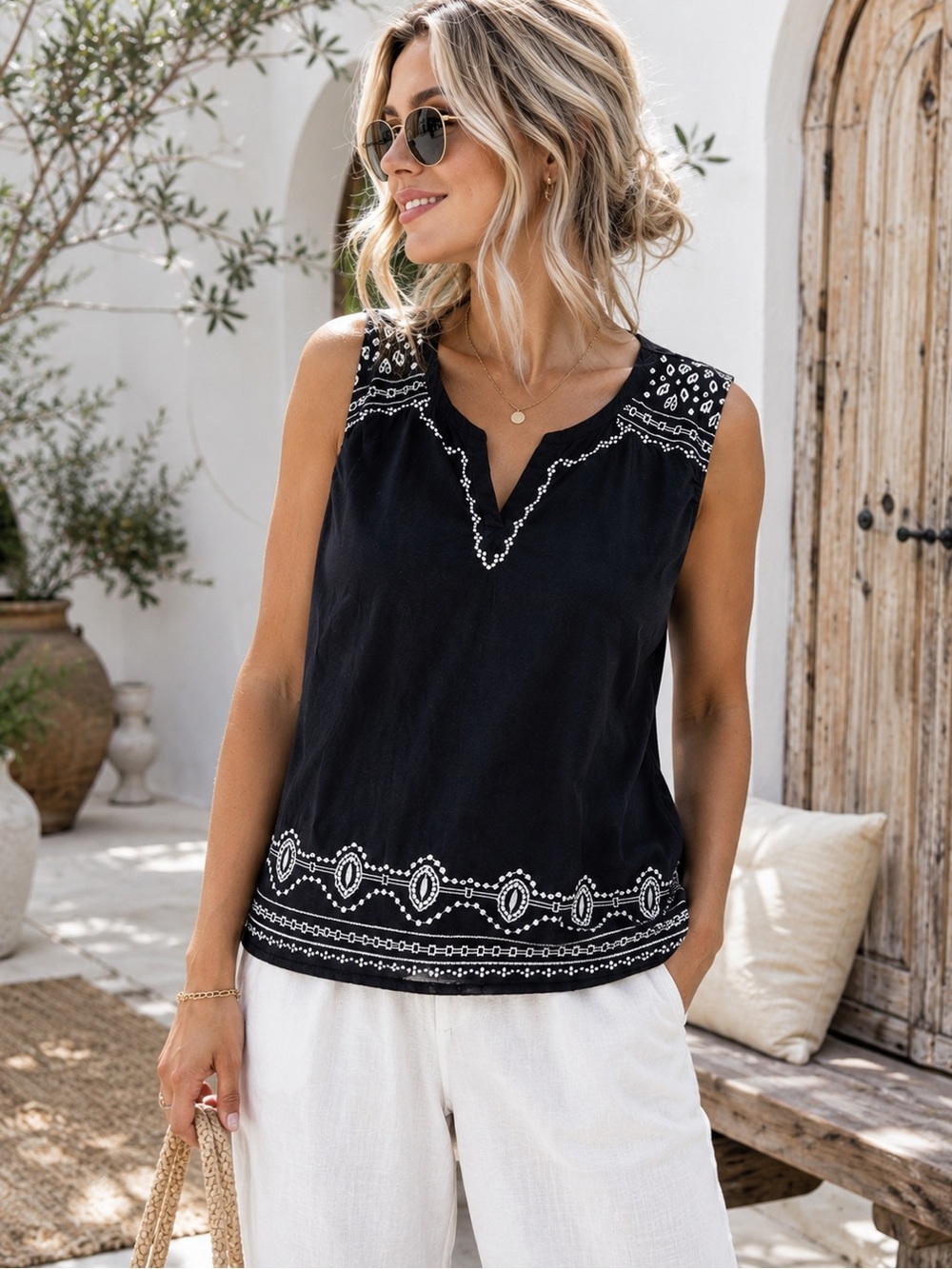 Talbots Petites Black Embroidered Sleeveless Cotton Shell Top XLP Boho Summer